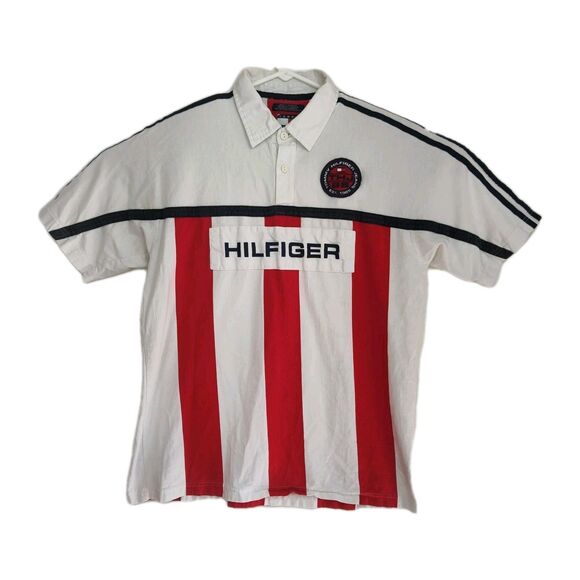 VTG Tommy Hilfiger Rugby Shirt Men's L Red/White/Blue Patch, Embroidered Details - Picture 1 of 7